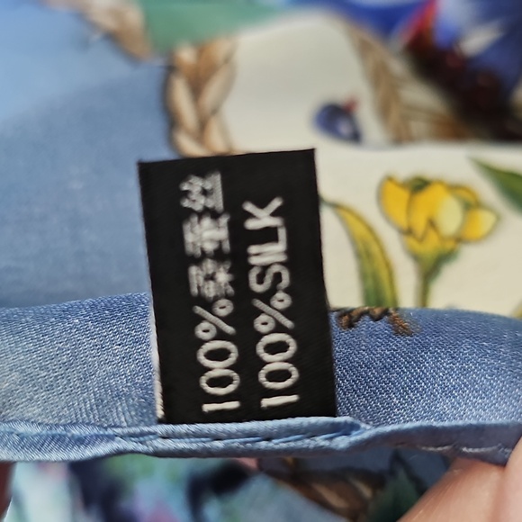 Floral and Butterfly Silk Print Scarf with Blue Border - Picture 3 of 5